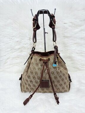 Dooney & Bourke DB Monogram Drawstring Bucket Bag Tan Brown Leather